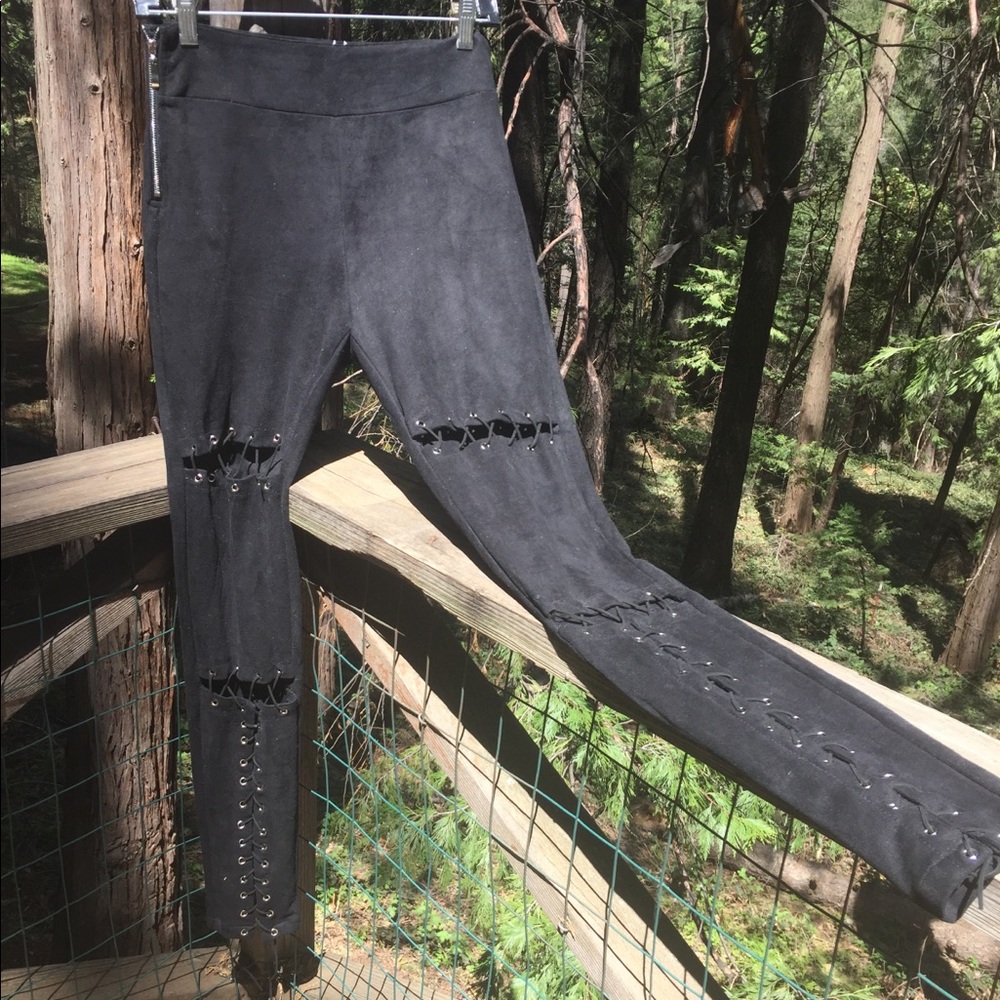 Solaris Style black faux suede leather lace up pants